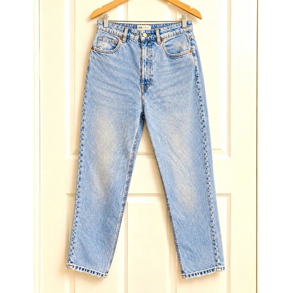 Zara Denim - Zara Women’s Size 6 Straight Leg High Rise Light Wash Distressed Denim Jeans
